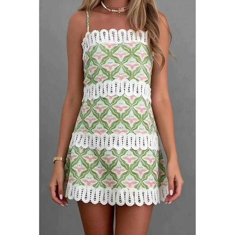NEW SUNDAYUP christina geometric lace-trim boho mini dress in green